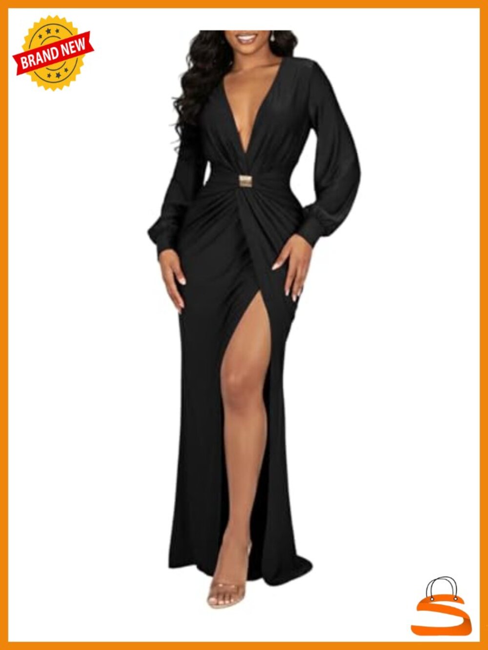 Women Deep V Neck Long Sleeve Maxi Dress High Split Formal Party Gown
